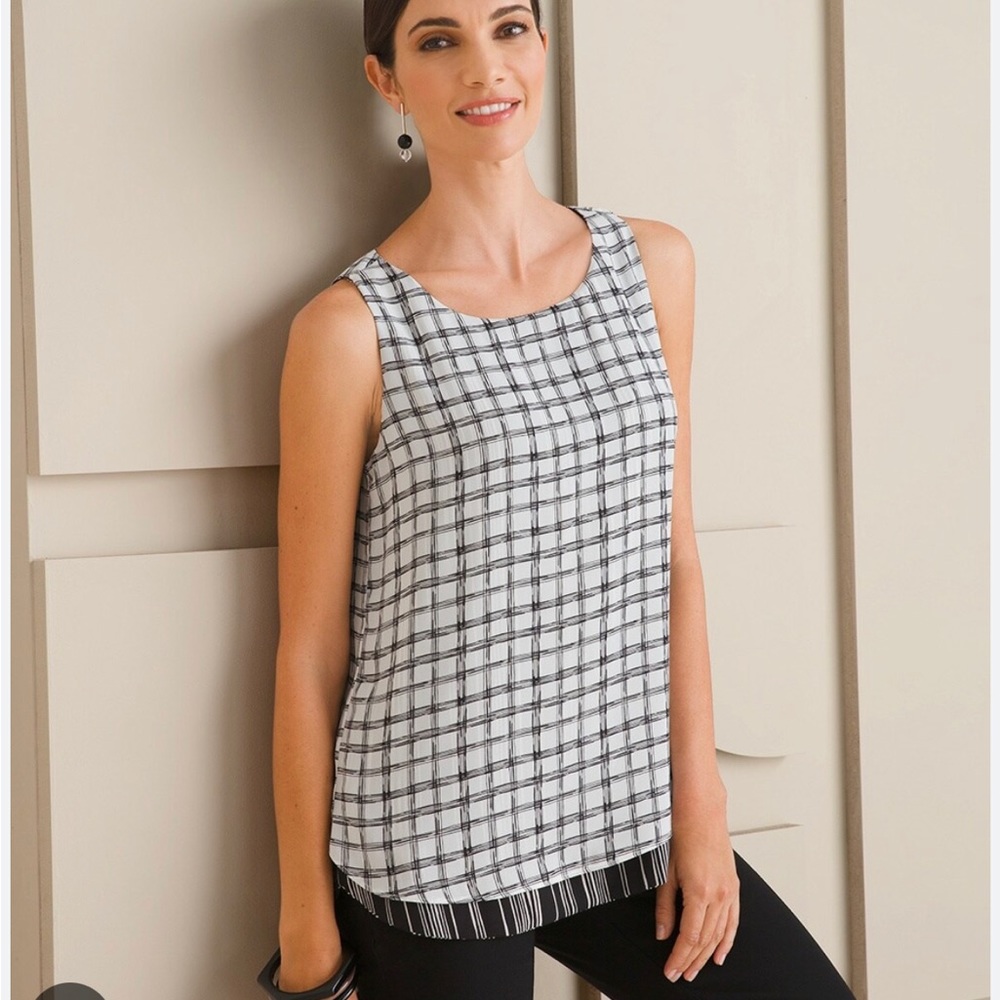 Chicos Reversible Striped to Plaid Black & White Tank Large Size 2 NWT